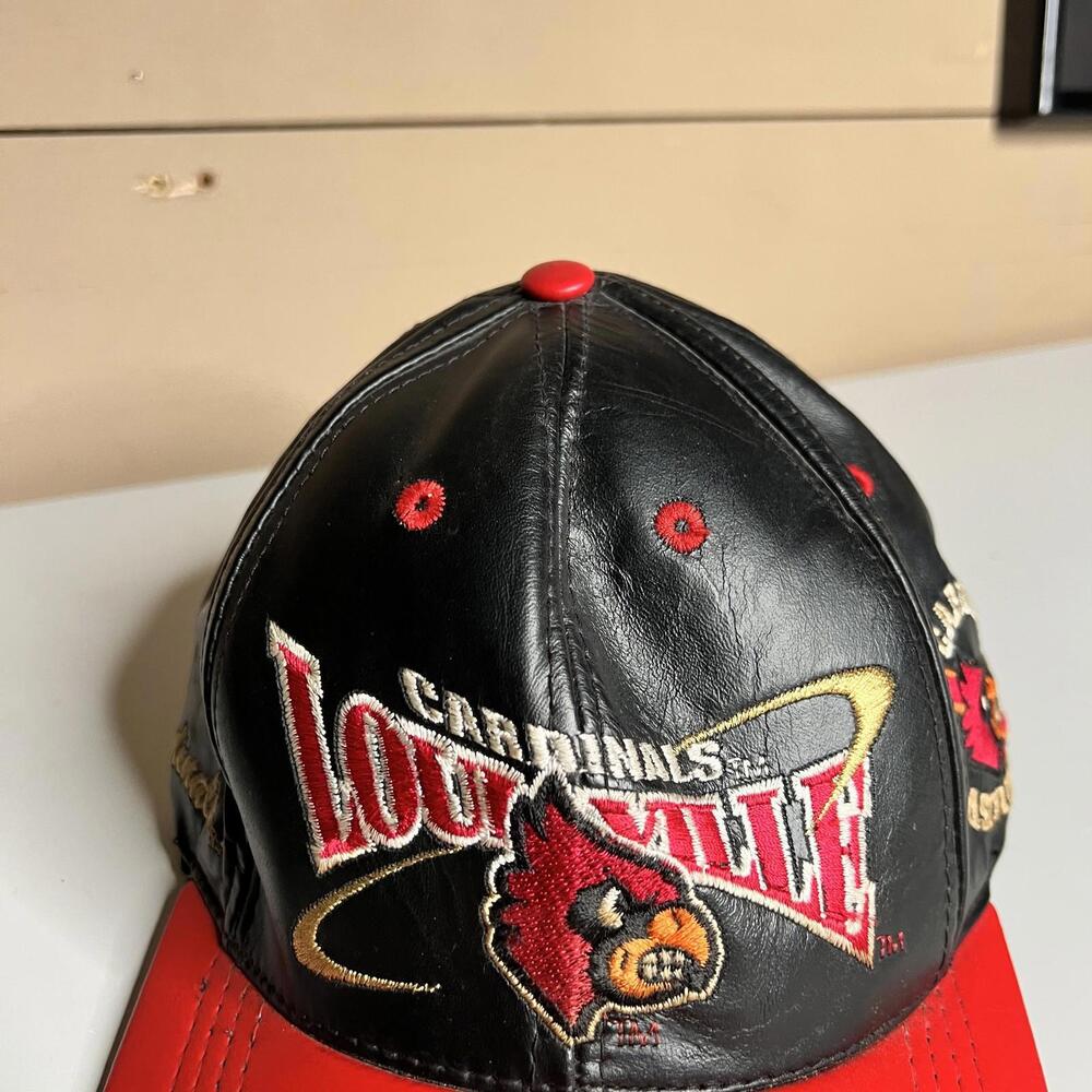 Vintage Louisville Cardinals Hat Cap Strap Back Mens One Size Black Leather NCAA - Picture 2 of 7